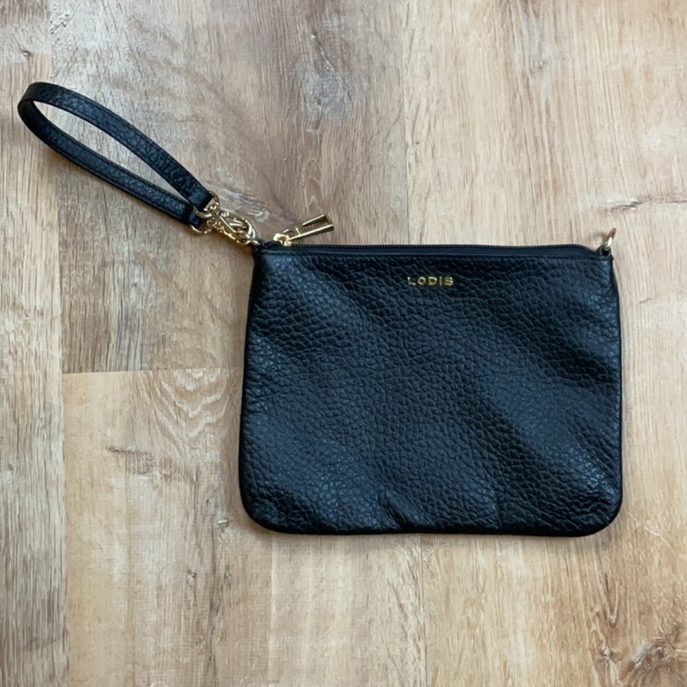 Lodis Black Pebbled Leather Wristlet Crossbody with Gold Hardware